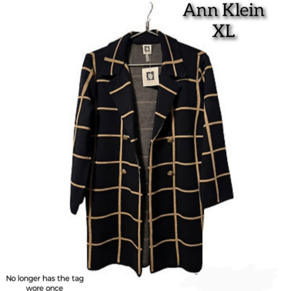 Anne Klein Open Front Jacket / Sweater Classic Design Navy/Camel Plaid